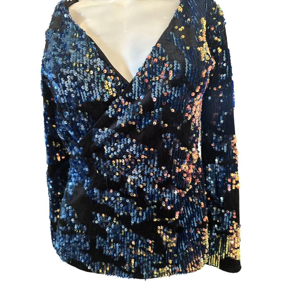 CBR Sequin Blouse SMALL Black Blue V-Neck Stretch Long Sleeve Surplice